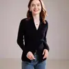 Nuevo Suéter de Punto para Mujer con Cuello en V Ajustado Rayado de Punto Cuello Cruzado Color Sólido Prendas de Punto Base 100% Cachemir