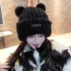 Gorro de Lana Tejido con Orejas de Gato para Mujer, Versión Coreana de Otoño e Invierno, Forrado con Polar, Cálido, Versátil, Lindo, Gorro de Punto de Estilo Japonés Trendy