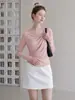 Camiseta rosa de hombros descubiertos para mujer, capa base de otoño, pura y seductora, corte ajustado, diseño único y exquisito