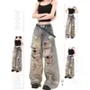 Calça jeans feminina em estilo designer com efeito desgastado, jeans reto casual loose retro americano rasgado