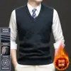 Colete masculino 100% lã para outono e inverno, casual, para meia-idade e idosos, gola V, quente, suéter com forro de fleece