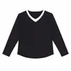 Suministrado directamente por la fábrica de ropa de origen, top versátil de retazos para mujer de talla grande de otoño con manga larga y cuello en V, disponible para pedidos personalizados con sus propios diseños o muestras.