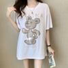 Playera de Algodón Puro con Oso de Pedrería Negra de Manga Corta para Mujer, Versión Holgada de Verano de Largo Medio, Estilo Trendy de Hong Kong, Talla Grande, Cubre Caderas