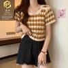 U-neck retro listrado manga curta suéter feminino verão oco crochê hyun-elegante estilo solto top curto para tamanho pequeno