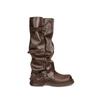 Botas de Tamanho Pequeno, Botas Cano Alto Pretas para Mulheres, Estilo de Rua Retrô, Bico Quadrado, Emagrecedoras, Fivela de Cinto, Salto Grosso, Botas Cano Plissado