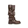 Botas de tubo negras de tamaño pequeño para mujer, estilo callejero retro, punta cuadrada, adelgazantes, con hebilla de cinturón, tacón grueso, botas de tubo plisadas