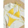 Nuevo traje de baño sexy para mujer, bikini de tres piezas de color liso, con cordones para atar, ajustado, para playa y aguas termales