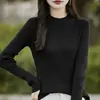 Estilo Novo de Primavera 100% Algodão Puro Suéter com Costura Canelada Slim-Fit que Marca a Cintura Emagrecedor com Gola Meia-Alta, Camada Base Simples de Tricô Liso para Mulheres