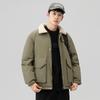 Jaqueta de Penas para Trabalho Masculina Espessa Curta 2024 Inverno Novo Estilo Hong Kong Gola de Pele de Lã de Cordeiro Jaqueta de Exterior Roupa Masculina