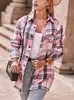 Otoño e invierno 2024 comercio exterior transfronterizo camisa de cuadros rosa para mujer primavera y otoño camisa con bolsillo de botón nuevo top para mujer