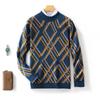 Suéter de lana 100% para hombre, cuello alto, moda de negocios, con bloques de color de diamante, grueso, informal, suelto, de punto básico