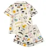 Cardigan Cruzado Europeu e Americano de Seda Leiteira Pijama Estampado de Cor Clara para Mulheres Conjunto de Roupa de Casa Casual Respirável com Shorts de Manga Curta