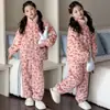 Conjunto cálido de invierno para niñas con estampado de leopardo, forro polar y grosor adicional, con cremallera 2026, conjunto cálido de ropa de estar de forro polar coral para niños mayores