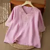 2026 Verano Nuevo Vintage Artístico Algodón Lino Bordado Pesado Camisa Cuello en V Holgada Adelgazante Versátil Top para Mujer