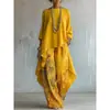 Marca Independente Moda Feminina Europeia e Americana 2026 Estampa Digital Calça Wide Leg + Blusa de Manga Longa Gola Redonda Cor Lisa Conjunto de Duas Peças