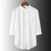 Camisa Masculina de Linho Cor Sólida Solta Tamanho Grande Gola Sete Mangas Verão Fina Respirável Manga Curta para Meia-idade e Idosos
