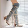 Outono Inverno 2026 Europeu e Americano Simples Franja Salto Grosso Rebite Camurça Patchwork Retrô Botas Femininas Novas Botas Acima do Joelho Botas de Moda