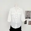 BESOBER Camisa de Linho Tencel Branca Gola V Manga Três Quartos Feminina Temperamento Old Money Solta Casual Cintura Marcada 9103