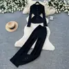 Conjunto de dos piezas para mujer: top de punto de estilo casual y pantalones de pierna ancha, atuendo de otoño de alta gama con cintura entallada para ir al trabajo