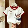 Camiseta de Algodón Puro de Manga Corta con Bloques de Color Estilo Coreano de Verano para Niños y Niñas, Camiseta Básica Versátil Casual con Estampado de Dibujos Animados para Niños
