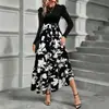 Vestido estampado de moda feminina europeia e americana da Amazon, falso duas peças, com mangas bufantes, cintura de amarração, barra franzida e saia longa