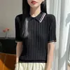 Nuevo Suéter de Punto de Lana para Mujer Otoño 2026, Corte Holgado, Canalé, Bloque de Color, Cuello Polo, Manga Corta, Suéter Casual para Mujer