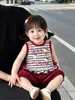 Conjunto de Saia Floral Super Fofo de Verão para Meninas, Conjunto de Duas Peças Adorável de Colete Sem Manga Listrado de Gatinho para Bebês no Verão