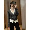 Suéter Cinza Faux Two-Piece Estilo Francês de Fragrância Suave para Mulheres, Novo Modelo Outono e Inverno com Toque de Luxo, Top Base Interna Espessada