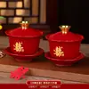 Tazas de Té para Brindis de Boda, Tazas y Cuencos de Pareja Dragón y Fénix, Juego de Cuenco y Palillos de Boda, Juego de Té Rojo para Novios