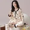 Algodón PuroPijama para Mujer Manga Larga Pantalón Largo Estilo Primavera y Otoño Jersey Dibujos Animados Lindo Se Puede Usar Fuera de Casa Conjunto de Ropa para Mujer