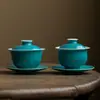 Colección de Juego de Té Kung Fu de Cerámica Verde Turquesa Miyan, Tetera Gaiwan de Alto Nivel Estilo Chino con Puntos Dorados, Taza de Té, Juego de Tazas para Maestro