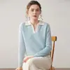 Atacado do Fabricante Suéter de Cashmere com Bloqueio de Cor Gola Lapela Estilo Preguiçoso Suéter Feminino Camisa de Base Tricotada Pulôver Slim