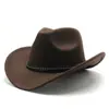Sombrero vaquero occidental de copa plana nuevo sombrero de lana marrón estilo Jazz para hombres y mujeres sombrero de fieltro de Xizang estilo étnico ala ancha