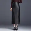 Saia midi justa de couro PU da moda para mulheres, nova coleção de outono 2026, cintura alta, modeladora, saia longa com fenda, estilosa e elegante