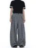 Calças plissadas xadrez azuis calças casuais finas femininas estilo americano relaxado soltas casuais versáteis perna larga calças compridas masculinas