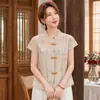 Novo Cardigan de Manga Curta Estilo Chinês de Verão para Mães, Decote V com Pequenas Mangas Drapeadas, Blusa Tradicional e Elegante para Mulheres de Meia-Idade e Idosas, Tamanho Grande