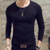 Camiseta de manga comprida com decote em V e cor sólida, outono de 2017, camiseta de gola redonda com corte slim e cor sólida, camisa básica
