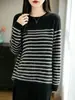 Suéter clásico de lana pura para mujer, con rayas negras y blancas y cuello redondo, un top de punto básico simple y versátil para el uso diario