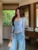 Camiseta base de manga larga con cuello grande azul estilo coreano para mujer principios de otoño, prenda interior única y hermosa, hombro normal, cuello en U, top pequeño