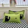 Conjunto fofo de quatro peças em algodão com aloe vera estilo coreano, com fundo verde fresco e estampa de gato preto, capa de edredom para conjunto de cama de quarto e casa de temporada