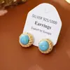 Pendientes de Turquesa Azul Artificial de Moda para Viajeros Pendientes Geométricos Redondos con Forma de Diamante Chapados en Oro Pendientes con Pasador de Plata 925 para Mujer