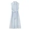 B0MF-9020 Vestido Camisero sin Mangas con Cuello 2026 Verano Nuevo Elegante para el Trabajo Ceñido a la Cintura Adelgazante con Lazo en la Cintura Vestido de Longitud Media