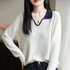 Suéter de Tricô Color Block Elegante Feminino com Gola V, Estilo Curto, Nova Coleção Outono/Inverno 2026