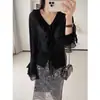Hongmi Apparel/2026 Novo Cardigan de Tricô de Lã de Ovelha Branco Irregular com Babados, Mangas Sino e Suéter Base