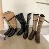 Botas compridas color block retrô para mulheres 2026 nova fivela de cinto botas versáteis para equitação botas de cowboy western