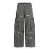 Z040 Calle Principal Americana Moda Urbana para Hombre y Mujer Diseño de Gama Alta Desgastado Sucio Pantalones Cargo de Pierna Ancha Scimitar para Hombre