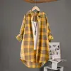 Camisa a Cuadros Transfronteriza para Mujer Delgada Ropa de Protección Solar Holgada de Algodón y Lino Top con Sentido del Diseño Abrigo de Longitud Media Camisa de Comercio Exterior