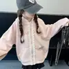 Menina Primavera e Outono Novo Estilo Moda Estilosa Moletom com Capuz Cardigan Renda Doce Acabamento Patchwork Jaqueta com Capuz