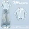 Novo conjunto de verão para meninas, camisa de manga curta para estudantes do ensino fundamental e jeans estiloso e moderno para a rua conjunto de duas peças