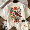 Camiseta impresa de estilo étnico para mujer transfronteriza, de manga corta, cuello redondo, top casual de verano con estampados de flores y pájaros, suave